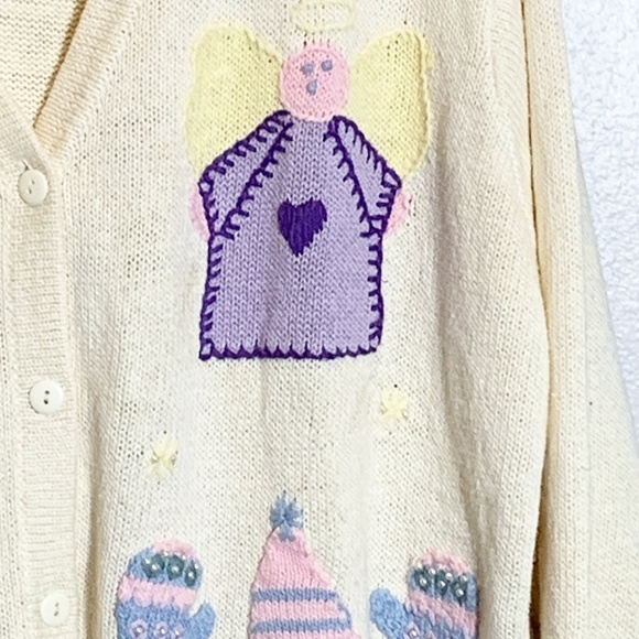 Quacker Factory 1X Ivory Embroidered Cardigan Sweater Embellished Mittens Angel - Picture 5 of 13